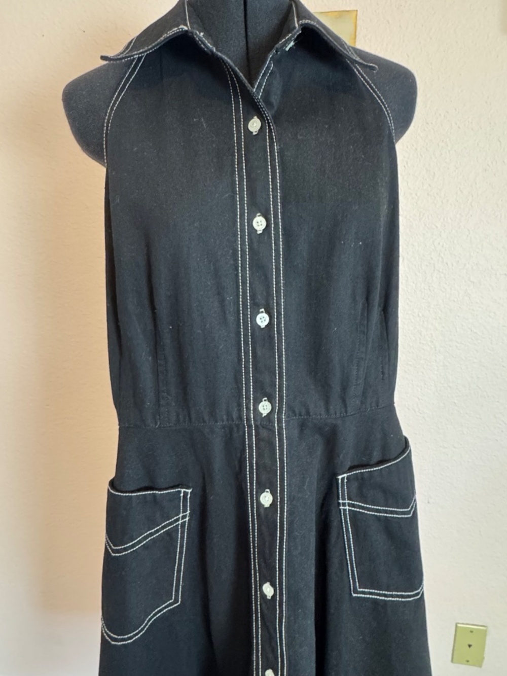 Vintage Ralph Lauren Black Denim Sleeveless Halter Midi Dress with Pockets Sz 16 - Picture 2 of 13